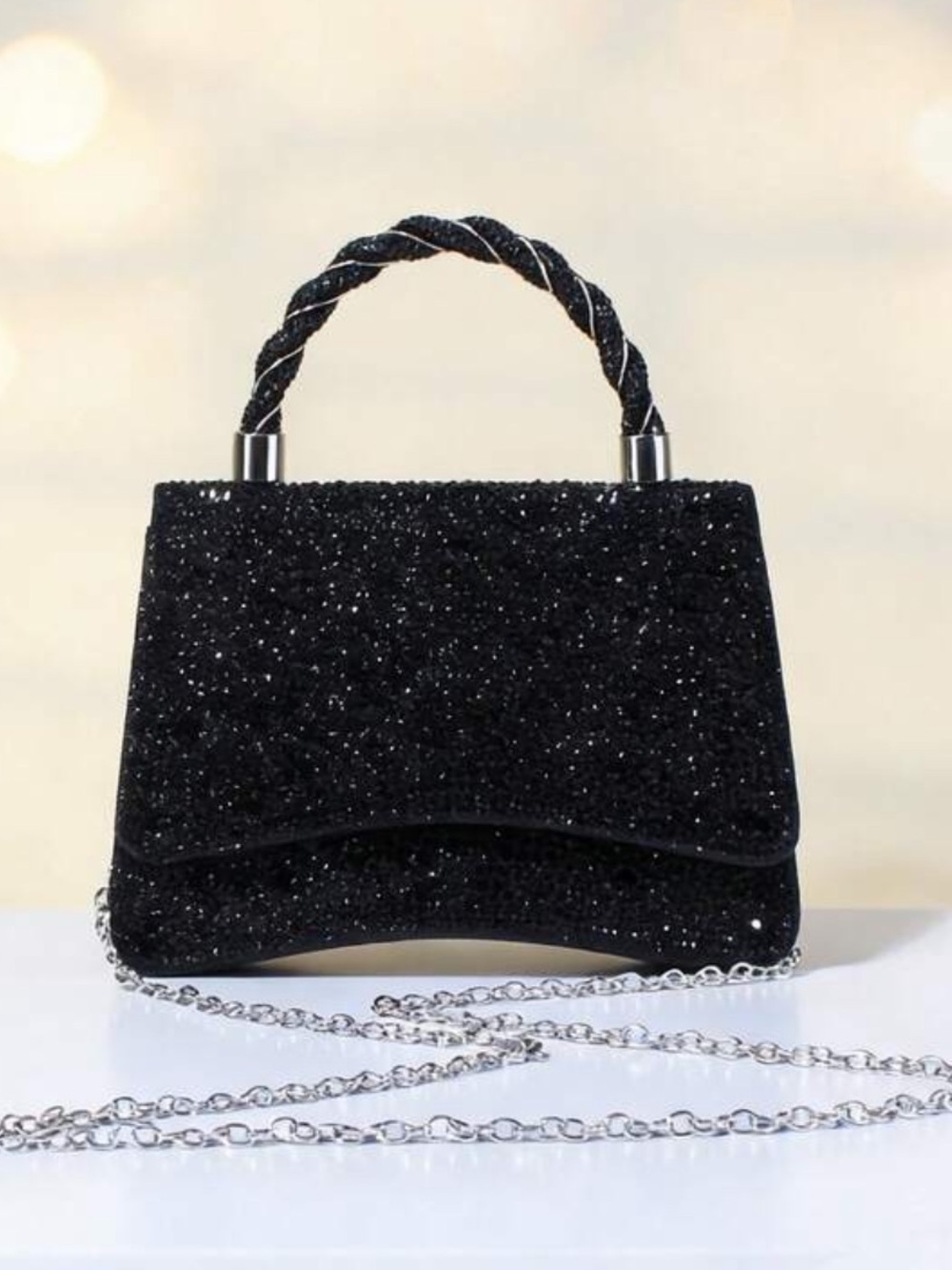 Black Glitter Rhinestone Top-Handle Crossbody Bag - Women